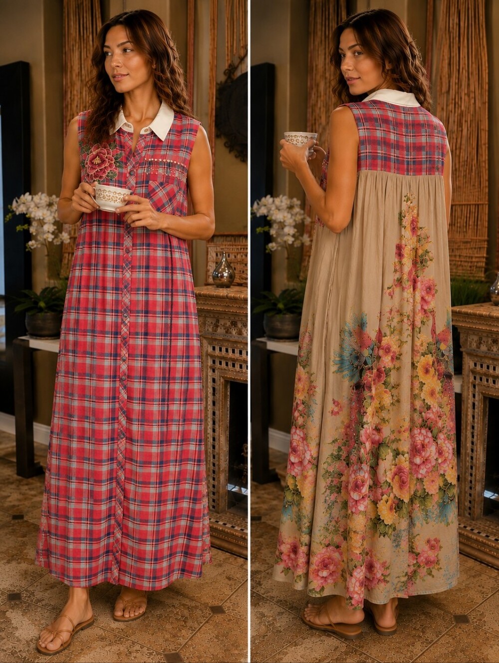 Aratta Pink Plaid Sleeveless Maxi Dress with Floral Appliqué